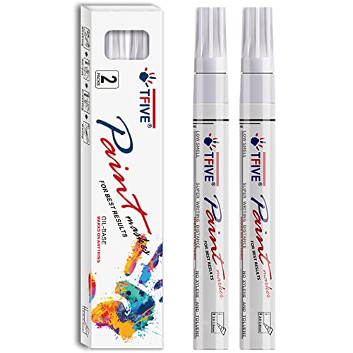 TFIVE White Permanent Paint Marker Pens - 2 Count Oil Based Marker Pen, Medium Tip, Waterproof & Quick Dry, for Office, Art projects, Rock Painting, TFIVE