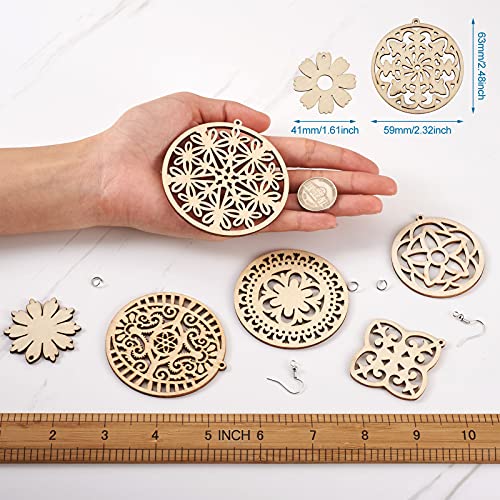 FASHEWELRY 80pcs Unfinished Filigree Flower Tree of Life Wooden Dangle Earring Pendants Natural Hollow Blank Wood Cutouts with 80pcs Jump Rings, FASHEWELRY