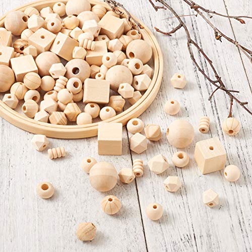 Craftdady 150pcs Unfinished Geometric Wooden Loose Beads Natural Unpainted Round Polygon Cube Rondelle Column Wood Spacer Beads for Craft Jewelry Craftdady