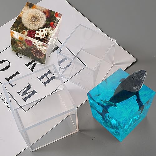 Voaesdk 2Pcs Large Cube Resin Molds, 4'' & 3'' Clear Silicone Cube Molds, Resin Flower Preservation Kit, Transparent Deep Square Epoxy Resin Molds Voaesdk