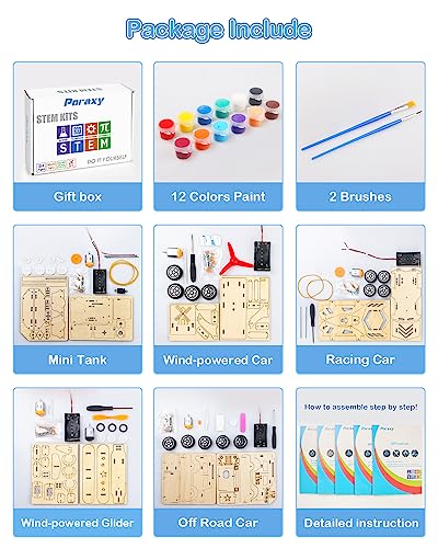 STEM Kits for Kids Age 8-10, 5 Set STEM Projects, Wooden Model Car Kits, Gifts for Boys 8-12, 3D Puzzles, Science Educational Crafts Building Kit, Poraxy