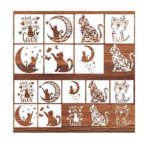 14 Pcs Cat Stencils for Painting on Wood Canvas Shirt, Small Large Flower Moon Cat Stencil Plastic Shirt Fabric Stencils for Painting on Wall Wood Hosomono