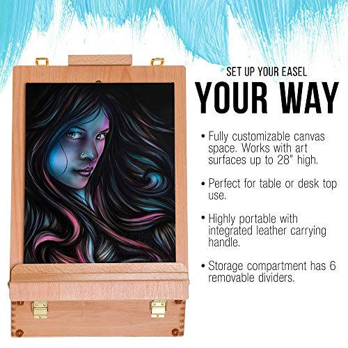 U.S. Art Supply Newport Extra Large Adjustable Wood Table Sketchbox Easel, Paint Palette, Premium Beechwood - Portable Wooden Artist Desktop Case - U.S. Art Supply