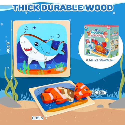 TOY Life Wooden Toddler Puzzle Gift Toys for 1 2 3 Years Old Boys Girls, 6 Pack Baby Puzzle for Kids Age 1-3, Sea Animal Shaped Montessori Toys STEM TOY Life