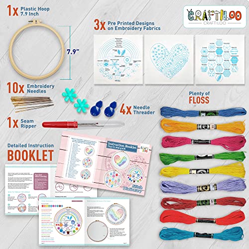 Learn 30 Stitches Heart Embroidery kit for Beginners with Stamped Embroidery Patterns Starter Kit. Needlepoint Cross Stitch for Kids & Adults CRAFTILOO