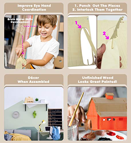 Puzzled 3D Puzzle Farm Barn Set Wood Craft Construction Model Kit, Fun & Educational DIY Wooden Toy Assemble Model Unfinished Crafting Hobby Puzzle Puzzled