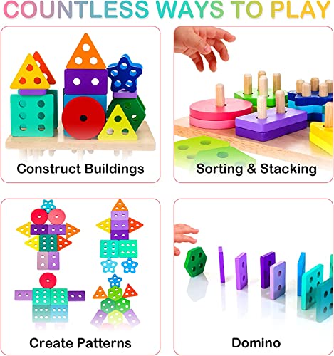 HELLOWOOD Wooden Sorting & Stacking Toys, Montessori Toys for 1 2 3 Years Old Toddlers, Shape Sorter Puzzles with 24-Piece Large Geometric Blocks & HELLOWOOD