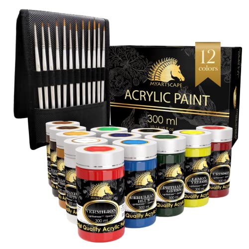 MyArtscape Acrylic Paint Set - 12 x 300ml Bottles with Miniature Paint Brushes with Holder, Set of 12 for Detail & Fine Point Painting MyArtscape