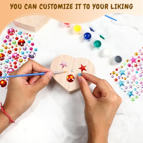 Kigley 100 Pcs Unfinished Wooden Heart Box Kit Include 12 Pcs Heart Treasure Box 72 Pcs Paints, 12pcs Brushes, 4 Sheets Rhinestones Stickers Craft Kigley