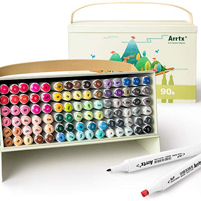 Arrtx Markers Alcohol Markers ALP 90 Colors with Dual Tips, Permanent Art Marker Pen for Artist Adults Coloring, Drawing, Comic, Anime, Manga,