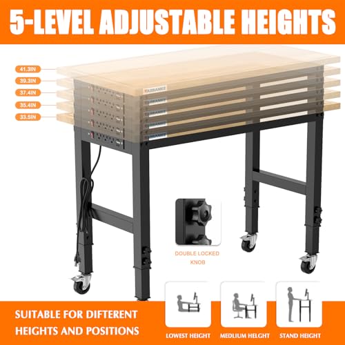 LARBANKE 48" Adjustable Workbench with Wheels,Heavy-Duty Rubber Wood Worktable with Power Outlets & Precision Scales & Foot Pads,2000 LBS Load LARBANKE