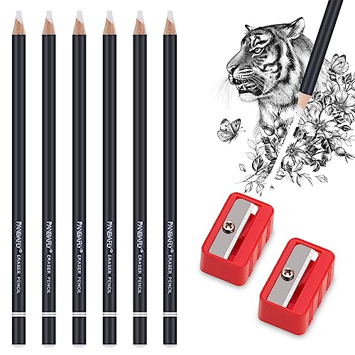PANDAFLY Eraser Pencil Set - 6pc Eraser Pencils and 2pc Sharpener, Erasing Small Details or add Highlights for Sketching, Charcoal Drawings. Art PANDAFLY