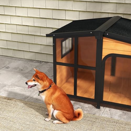 PawHut Outside Cabin-Style Wooden Dog House for Large Dogs with Openable Roof & Giant Window, Outdoor & Indoor Big Dog House, Asphalt Roof, Yellow PawHut