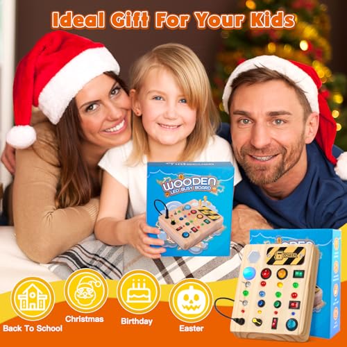 TINTECUSA Busy Board Montessori Toys for Toddler, Wooden Sensory Board Switch Toy with Shape Sorter LED Light Up Toys Educational Plane Travel TINTECUSA