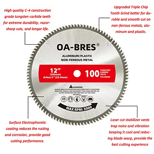 12 Inch 100T Upgrade TCG Grind Aluminum Non-Ferrous Metal Saw Blade with 1-Inch Arbor OA-BRES
