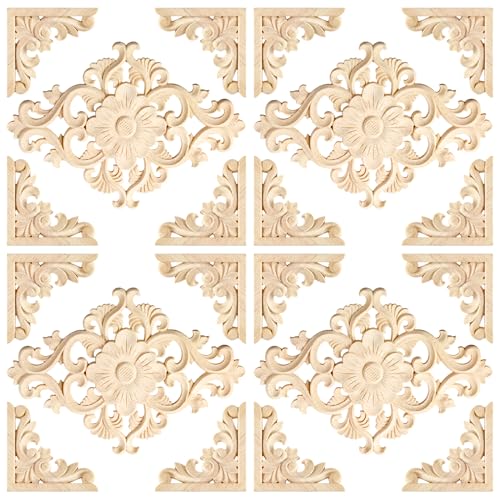 20pcs(4 Pack) Wood Appliques Decorative Carved Onlays, Wooden Carved Appliques DIY Decoration for Wood Furniture, Wood Carving Decals for Wall CDOKY