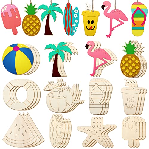 36 Pieces Summer Wood Hanging Ornaments Beach Wooden Slices with String Holiday Hawaiian Party Decorations Tropical Painted Themed Luau Party HooAMI