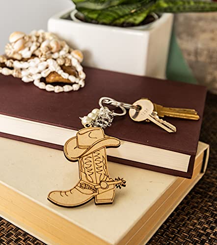 RBN 12 Cowboy Boots Hat Wood KeyChain Cutout Favor Recuerdo Bautizo Comunion Party Christening Favor - Organza Bag Included RBN