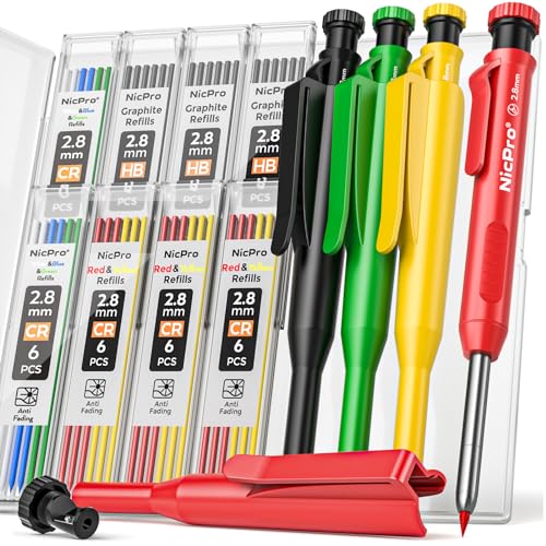 Nicpro 4 Pack Carpenter Pencil with Sharpener & Cap, Mechanical Carpenter Pencils Set with 52 Refill, Deep Hole Marker Woodworking Pencils, Heavy Nicpro