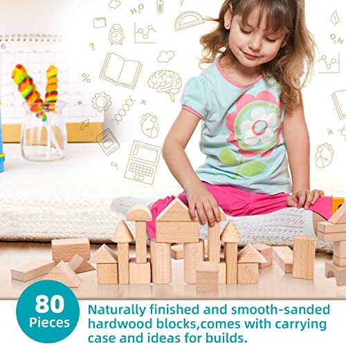Timfuis Wooden Building Blocks Set, 80 PCS Natural Wood Stacking Block Toy with Carrying Bag, Montessori Learning Birthday Gifts for 3 4 5 Year Olds Timfuis