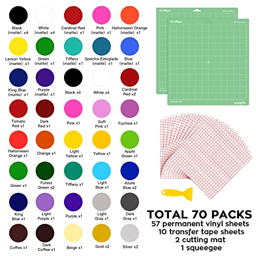 HTVRONT 70 Pack Vinyl for Cricut Machine, 57 Sheets 12" X 12" Permanent Adhesive Vinyl Sheets & 2 Cutting Mat & 10 Transfer Paper for Vinyl HTVRONT