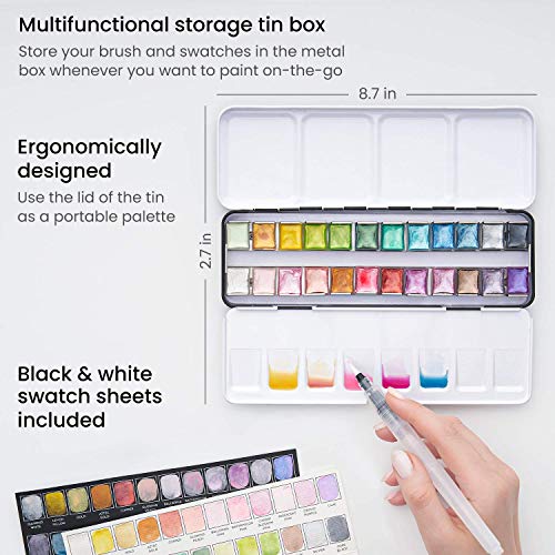 Arteza Metallic Watercolor Paints, Set of 24 Half Pans, Pearl Paint, Vibrant and Pearlescent Hues, Includes Storage Tin & Water Brush, Art Supplies ARTEZA