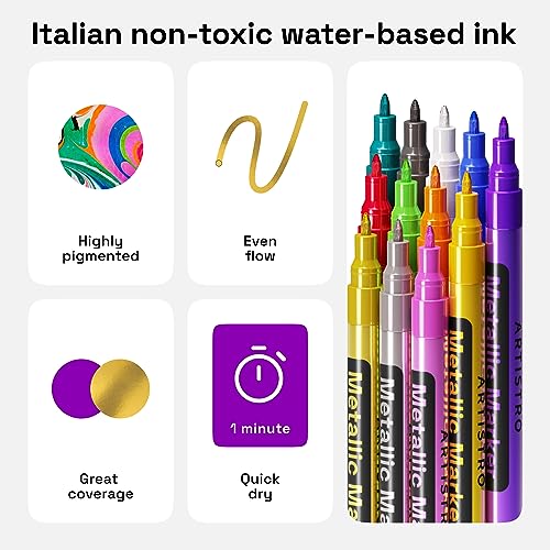 ARTISTRO Metallic Paint Pens for Rock Painting, Stone, Ceramic, Glass, Wood, Fabric, Pebbles, Scrapbook Journals, Photo Albums, Card Stocks. Set of ARTISTRO