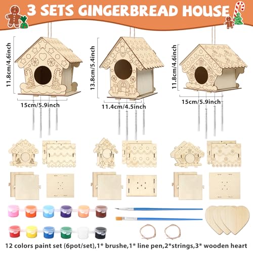 3 Sets Christmas Craft Houses Kits, Make Your Own Gingerbread Wooden Christmas Houses Bird Feeder & Wind Chime Kit, Wooden Painting Arts and Crafts QOUBAI