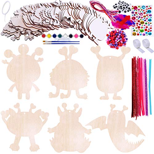 36 Sets Valentine's Day Craft Kits DIY Valentine Monster Wood Ornaments Decorations Art Sets Assorted Paintable Unfinished Wood Monster Cutouts Winlyn
