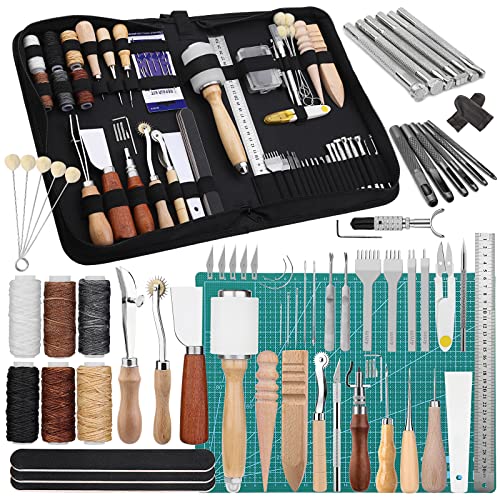 Leather Craft Tools, 60 Pieces Leather Working Tools and Supplies with Storage Bag Cutting Mat Prong Punch Groover Edge Creaser Stamping Carving BAGERLA