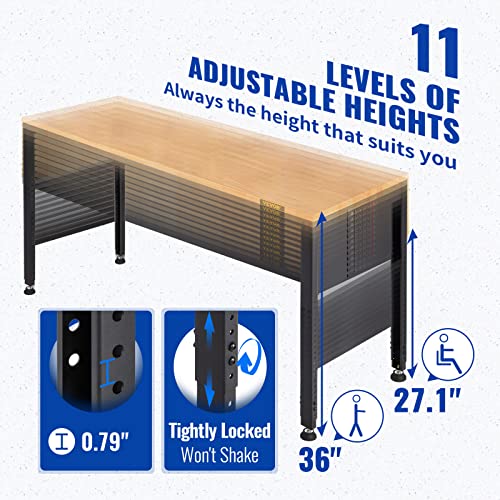 VEVOR 60" Adjustable Workbench, Heavay Duty Workstation 2000 LBS Load Capacity, with Power Outlets & Rubber Wood Top & Metal Frame & Foot Pads, for VEVOR