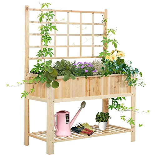 Outsunny 47'' Wooden Raised Garden Bed with Trellis, Coutryside Style Elevated Planter Box Stand with Open Storage Shelf, Spacious Planting Area for Outsunny
