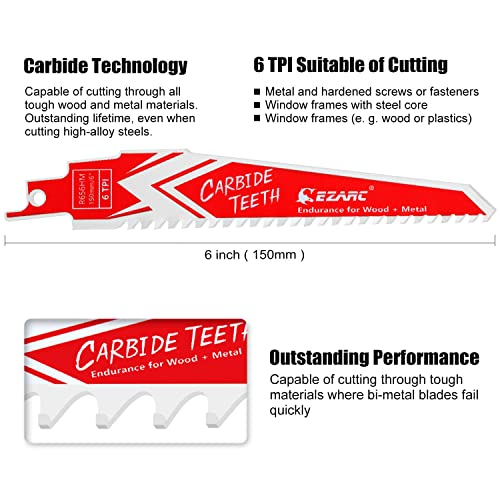 EZARC Carbide Reciprocating Saw Blades 6-Inch, Endurance Sabre Saw Blade Set for Hard Wood and Metal Demolition 6TPI, 3-Pack R656HM EZARC