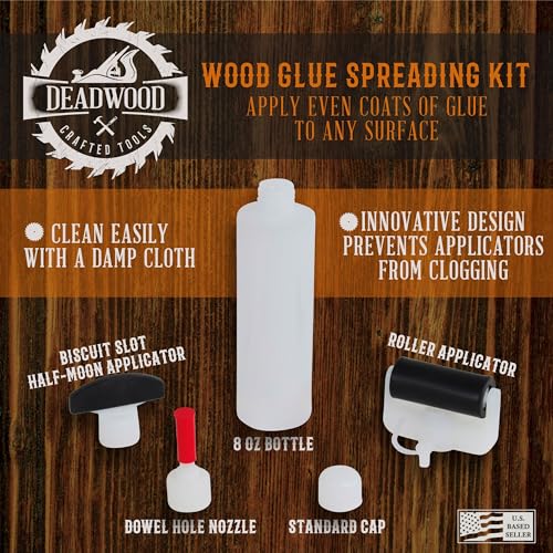 DCT Wood Glue Spreading Woodworking Kit – 8 oz Ounce Bottle, Roller Applicator, Dowel Hole Nozzle, Biscuit Slot Tip Deadwood Crafted Tools