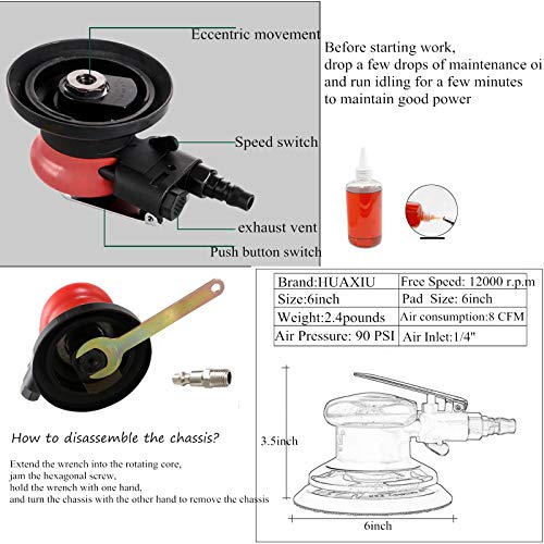 Professional Air Random Orbital Sander, Heavy Duty Dual Action Pneumatic Palm Sander (6 inch, Red) HUAXIU