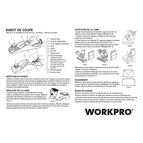 WORKPRO W052002 Block Plane, 1-5/8 In. Wide Blade, Cast Iron Body, Adjustable Cutting Depth, Black (Single Pack) WORKPRO