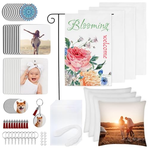 Ainiv 89PCS Sublimation Blanks Products Set, Sublimation Blank Car Coaster, Keychain with Tassel, Pillow Covers, Garden Flags, Air Freshener Sheets Ainiv