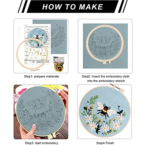 Lukinbox Embroidery Starter Kit for Beginners, 3 Sets Cross Stitch Kits for Adults, Include Embroidery Clothes with Cute Bees and Flowers Patterns, 1 Lukinbox
