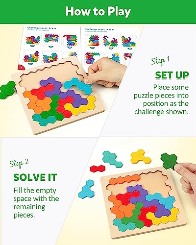 Coogam Wooden Tangram Puzzle, Color Shape Pattern Jigsaw Brain Teasers 3D Logic IQ Game Geometric Blocks Montessori STEM Educational Toys Gift for Coogam