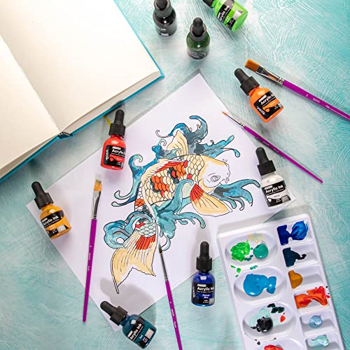 Mont Marte Acrylic Ink Premium 12pc x 20ml (0.7 US fl.oz), Acrylic Inks for Artists, Essential Colors, Ideal for Air Brush, Pouring Art, MONT MARTE