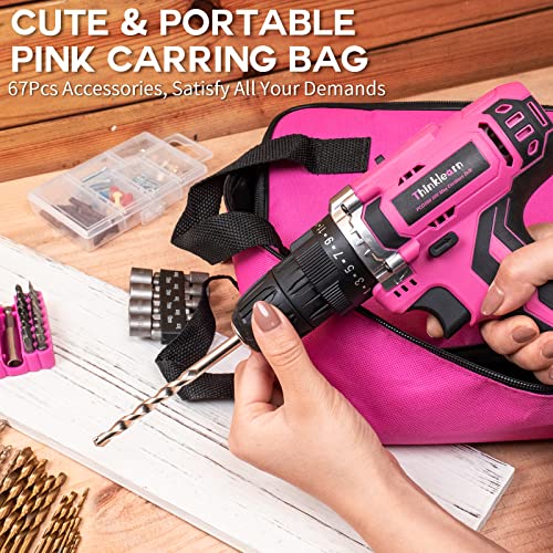 Pink Cordless Drill Set, 20V Lithium-ion Power Drill Set for Women with 67Pcs Drill Driver Bits, 3/8"Keyless Chuck, 25+1 Position Electric Drill, ThinkLearn