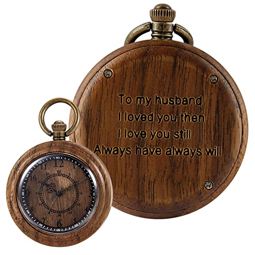 Tiong to My Husband Gifts Personalized Engraved Wood Pocket Watch for Men Husband Anniversary Christmas Birthday Wooden Quartz Pocket Watch Best Tiong