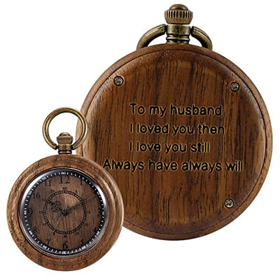 Tiong to My Husband Gifts Personalized Engraved Wood Pocket Watch for Men Husband Anniversary Christmas Birthday Wooden Quartz Pocket Watch Best