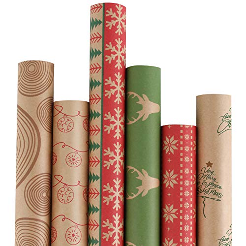 RUSPEPA Christmas Wrapping paper - Brown Kraft Paper with Red and Green Pattern For -Christmas Elements Collection-6 Roll-30Inch X 10Feet Per Roll RUSPEPA