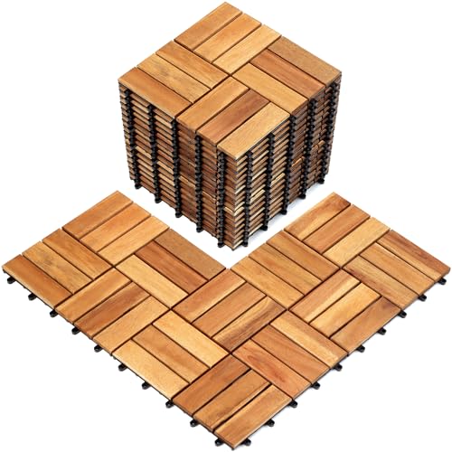 TimberWave Pack of 20 Deck Tiles, Solid Acacia Wood Floor Tiles, Patio Tiles Outdoor Interlocking Waterproof All Weather (12"x12" - 12 Slat, Golden TimberWave