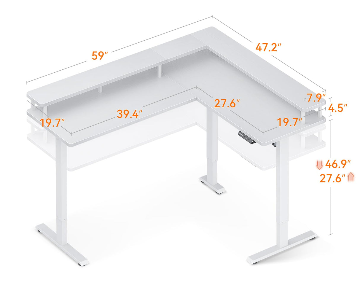 AODK L Shaped Electric Standing Desk, 59" x 48" Stand Up Corner Desk, Home Office Sit Stand Desk with White Top and White Frame, L-Shaped Standing AODK