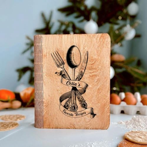 Drawelry Personalized Recipe Book, Custom Recipe Book, Customized Beautiful Floral Engraving Name Text Wood Cover Journal Notebook Christmas Mother's Drawelry
