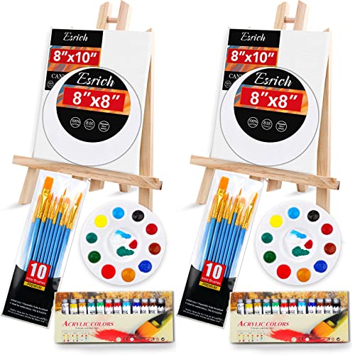 ESRICH Acrylic Paint Canvas Set,52 Piece Professional Painting Supplies Kit with 2 Wood Easel,2 * 12Colors,2 * 10 Brushes,Circular Canvas Etc,Premium ESRICH