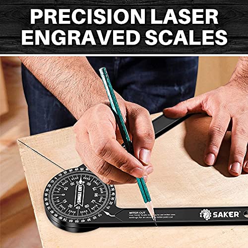 Saker Miter Saw Protractor|7-Inch Aluminum Protractor Angle Finder Featuring Precision Laser-Inside & Outside Miter Angle Finder for Carpenters, Saker
