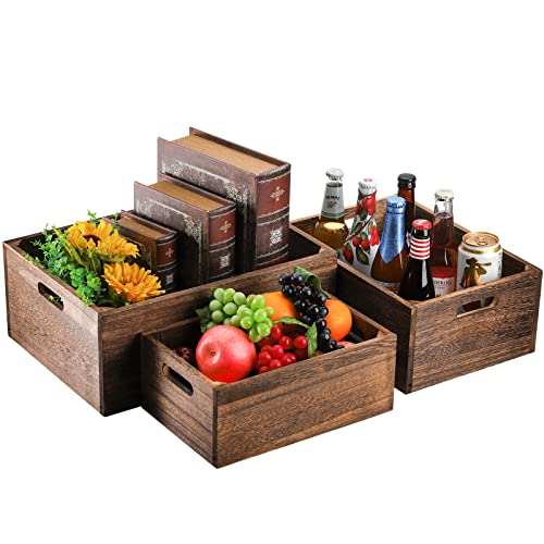 Frcctre Set of 3 Wood Nesting Storage Crates with Handles, Decorative Farmhouse Wooden Crates Storage Containers Rustic Handmade Natural Solid Wood Frcctre